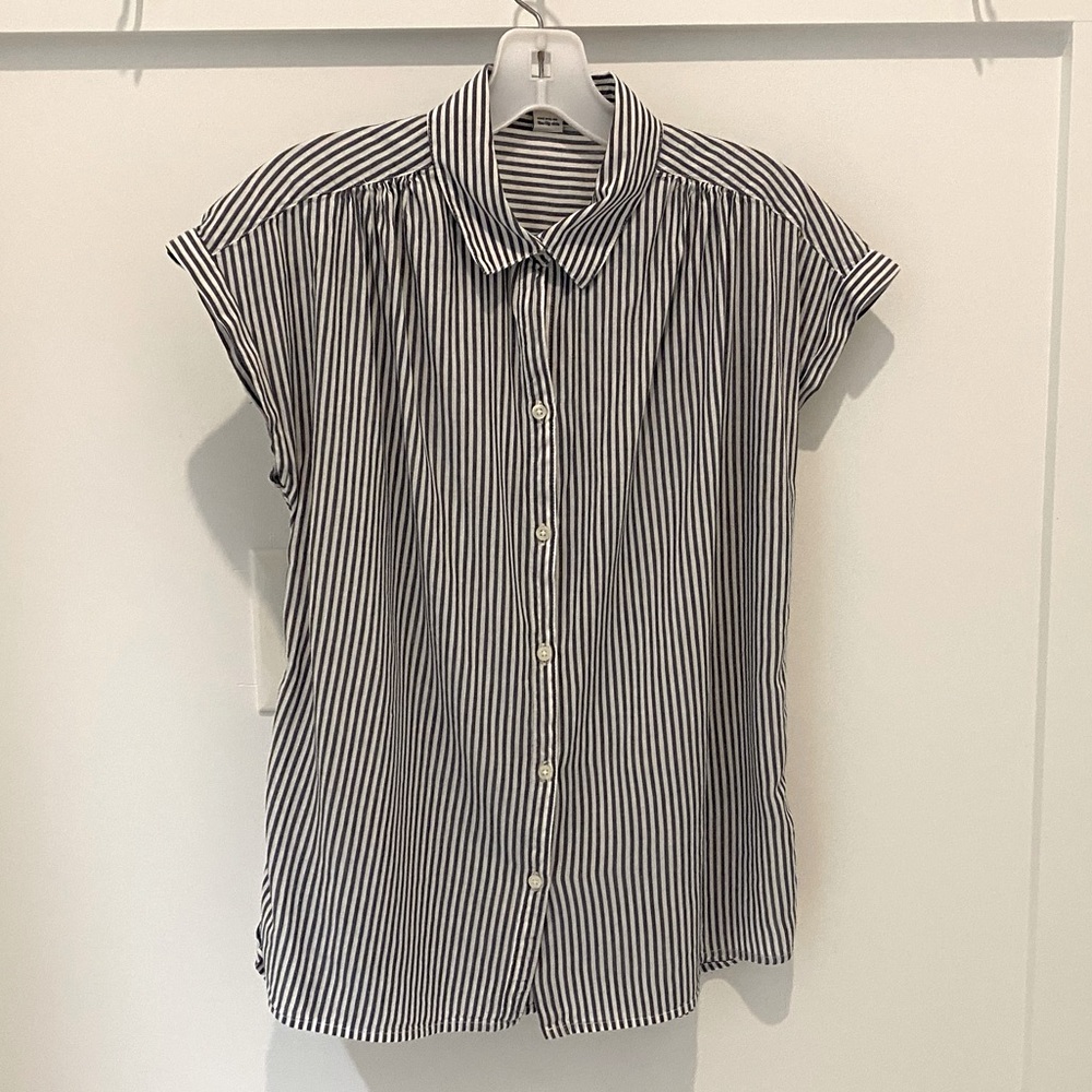 Navy White Striped Cap Sleeve Button Down S